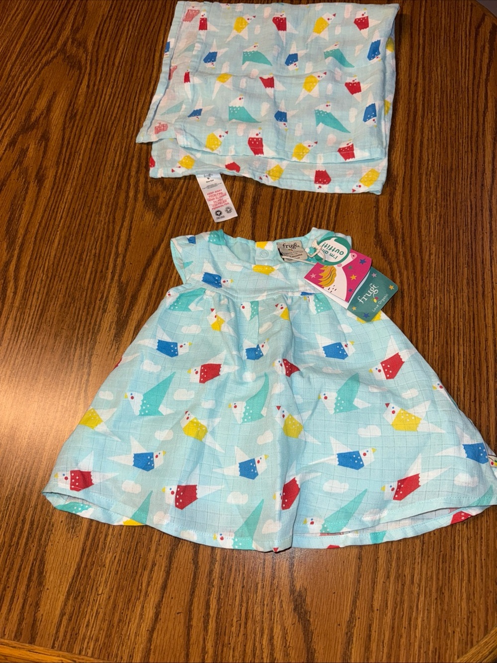 New Frugi Baby Girl Dress 0-3 Months Organic Cotton Aqua Origami Flight &Swaddle